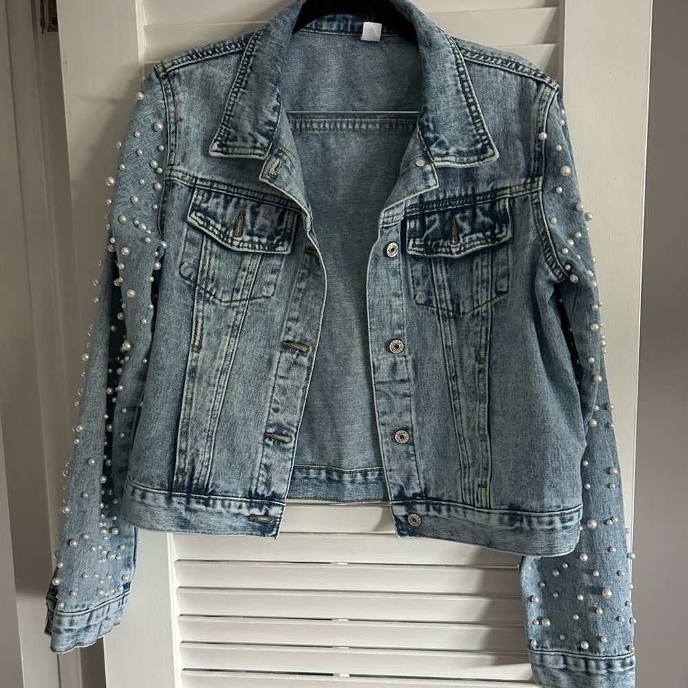 Jean Jacket with Pearl Beads (Size M)